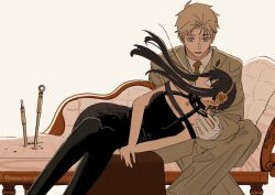  1boy 1girl bare_shoulders black_boots black_dress black_hair blonde_hair boots breasts brown_necktie chaise_longue collared_shirt couple dress earrings feet_out_of_frame flower formal_clothes gloves gold_earrings gold_hairband green_pants green_suit hair_flower hair_ornament hair_stick hairband hetero highres jacket jewelry lap_pillow long_hair medium_breasts muted_color necktie pants parted_bangs parted_lips roku_(omewkrs_4) shirt short_hair sidelocks smile spy_x_family suit suit_jacket twilight_(spy_x_family) twintails updo white_gloves white_shirt wide-eyed yor_briar 