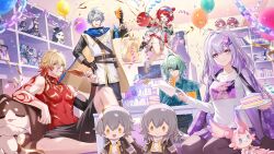  2girls 3boys absurdres ahoge amaichi_esora anaxa_(honkai:_star_rail) balloon black_pantyhose bookshelf bright_pupils butterfly_hair_ornament caelus_(honkai:_star_rail) cake cake_slice castorice_(honkai:_star_rail) character_doll closed_mouth dan_heng_(honkai:_star_rail) dan_heng_(imbibitor_lunae)_(honkai:_star_rail) food hair_ornament happy_anniversary herta_(honkai:_star_rail) highres holding holding_knife holding_plate honkai:_star_rail honkai_(series) hoyofair indoors knife long_hair long_sleeves looking_at_viewer march_7th_(honkai:_star_rail) mem_(honkai:_star_rail) multiple_boys multiple_girls mydei_(honkai:_star_rail) official_alternate_costume official_art pantyhose phainon_(honkai:_star_rail) plate pointy_ears purple_eyes purple_hair purple_skirt shirt sitting skirt smile stelle_(honkai:_star_rail) trailblazer_(honkai:_star_rail) trianne_(honkai:_star_rail) tribbie_(honkai:_star_rail) trinnon_(honkai:_star_rail) white_pupils white_shirt 