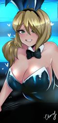  1girl animal_ears blonde_hair bow bowtie breasts cleavage detached_collar female_focus five_nights_at_freddy&#039;s five_nights_at_freddy&#039;s:_security_breach green_eyes highres large_breasts leotard playboy_bunny rabbit_ears smile solo vanessa_(fnaf) vixenery  rating:Explicit score:88 user:Mcgregar