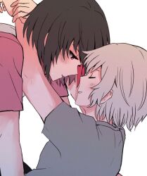  2girls aoba_moca arms_around_neck bang_dream! black_hair brochan closed_eyes colored_inner_hair commentary grey_shirt looking_at_another mitake_ran multicolored_hair multiple_girls parted_lips pink_shirt red_hair shirt simple_background white_background white_hair yuri 