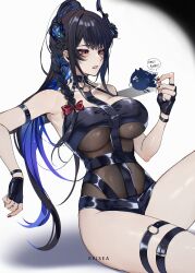  1girl absurdres animal arm_rest arm_strap arm_up armpits artist_name asymmetrical_bangs bare_shoulders belt belt_collar black_gloves black_hair black_horns black_one-piece_swimsuit blue_hair bow braid breasts collar collarbone colored_inner_hair commentary fingerless_gloves fingernails flower gloves hair_bow halterneck hand_up high_ponytail highres holding holding_animal hololive hololive_english holonatsu_paradise horn_flower horns jailbird_(nerissa_ravencroft) keisea large_breasts lips long_hair looking_at_object mole mole_under_eye multicolored_hair nerissa_ravencroft nerissa_ravencroft_(holonatsu_paradise) o-ring o-ring_thigh_strap official_alternate_costume one-piece_swimsuit parted_lips ponytail red_eyes red_nails side_braid simple_background single_braid sitting slit_pupils solo speech_bubble swimsuit thigh_belt thigh_strap virtual_youtuber 