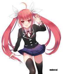 1girl ahoge arm_at_side artist_name black_jacket black_thighhighs blazer blue_skirt blush breasts date_a_live duplicate fringe_trim hair_between_eyes hair_ribbon hand_up itsuka_kotori jacket large_ribbon long_hair long_sleeves looking_at_viewer madara_sai miniskirt open_mouth pixel-perfect_duplicate pleated_skirt red_eyes red_hair red_ribbon ribbon school_emblem school_uniform shirt sidelocks simple_background skirt small_breasts smile solo standing thighhighs very_long_hair waving white_background white_ribbon white_shirt zettai_ryouiki rating:General score:8 user:danbooru