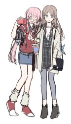  2girls bag bang_dream! bang_dream!_it&#039;s_mygo!!!!! black_bag black_shirt black_skirt blue_eyes blue_pants brown_hair brown_jacket chihaya_anon commentary_request cup full_body half_updo highres holding holding_cup jacket loose_socks multiple_girls nagasaki_soyo open_clothes open_jacket open_mouth pants pink_hair red_shoes red_sweater_vest selfie shirt shoes shoulder_bag sidelocks simple_background skirt socks sweater_vest teeth upper_teeth_only v white_background white_socks yojeong_dimseom 
