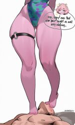 1boy 1girl ^_^ ashido_mina barefoot boku_no_hero_academia cameltoe cleft_of_venus closed_eyes colored_skin commentary english_commentary english_text feet foot_on_another&#039;s_face foot_on_head grey_background hetero highres honkibooty legs leotard o-ring o-ring_thigh_strap pink_hair pink_skin pussy short_hair simple_background speech_bubble thigh_strap thighs rating:Questionable score:158 user:danbooru