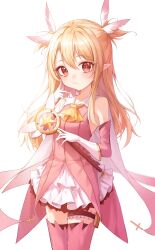  1girl absurdres ascot blonde_hair blush boots bow-shaped_hair cape commentary detached_sleeves fate/kaleid_liner_prisma_illya fate_(series) feather_hair_ornament feathers frilled_skirt frills gloves hair_ornament highres holding holding_wand illyasviel_von_einzbern kaleidostick layered_shirt long_hair looking_at_viewer loyo magical_girl miniskirt pink_shirt pink_sleeves pink_thighhighs pointy_ears prisma_illya red_eyes shirt skirt sleeveless sleeveless_shirt solo symbol-only_commentary thigh_boots thigh_strap thighhighs two_side_up wand white_cape white_gloves white_skirt yellow_ascot 