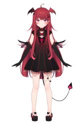 1girl :3 ahoge amashiro_natsuki araka_luto black_dress black_gloves black_shoes blush butterfly_hair_ornament cropped demon_tail demon_wings dress full_body gloves gradient_clothes gradient_dress hair_ornament highres long_hair official_art pink_eyes prism_project red_hair shoes simple_background solo standing tachi-e tail third-party_source very_long_hair virtual_youtuber white_background wings 