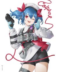  1girl ;d black_shorts blue_gloves blue_hair character_name colphne_(girls&#039;_frontline_2) commentary_request cowboy_shot fanny_pack girls&#039;_frontline girls&#039;_frontline_2:_exilium gloves gun hair_between_eyes hair_ribbon handgun highres long_sleeves looking_at_viewer medium_hair one_eye_closed open_mouth red_eyes red_ribbon ribbon shorts simple_background smile solo standing taurus_curve thigh_strap twintails vvv_rendez weapon 