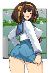 1girl ass breasts brown_eyes brown_hair come_hither condom condom_left_inside covered_erect_nipples cum cumdrip from_behind hair_ribbon hairband haruhisky heartbeat highres large_breasts looking_at_viewer naughty_face one_eye_closed open_mouth pussy_juice ribbon school_uniform short_hair sideboob skirt smile solo suzumiya_haruhi suzumiya_haruhi_no_yuuutsu translation_request wink rating:Explicit score:133 user:armorcrystal