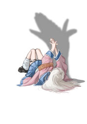 1girl armband arms_up black_shoes blue_skirt brown_hair facing_away facing_to_the_side full_body hair_spread_out jacket knees_up koze_niire leg_warmers legs_together long_hair long_pointy_ears long_sleeves lying makaino_ririmu makaino_ririmu_(4th_costume) nijisanji on_back own_hands_together pink_jacket platform_shoes pointy_ears shadow shadow_puppet shoes simple_background skirt solo virtual_youtuber white_background rating:General score:1 user:danbooru
