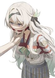  1girl 1other absurdres arms_behind_back bdsm black_hairband bondage bound bound_arms bound_torso bow bowtie breast_bondage buttons cailin020 checkered_bow checkered_bowtie checkered_clothes cleave_gag cloth_gag commentary double-breasted english_commentary firefly_(honkai:_star_rail) firefly_(spring_missive)_(honkai:_star_rail) gag gagged gradient_hair green_bow grey_hair grey_sailor_collar grey_skirt hairband highres honkai:_star_rail honkai_(series) improvised_gag long_hair long_sleeves multicolored_eyes multicolored_hair paid_reward_available plaid_bow plaid_bowtie plaid_clothes plaid_skirt red_rope restrained rope sailor_collar school_uniform serafuku shibari shibari_over_clothes shirt skirt solo_focus two-tone_eyes white_shirt 