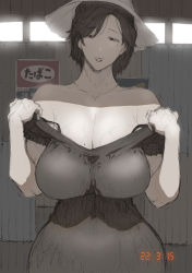  1girl absurdres breasts brown_hair dress etsuzan_jakusui hat highres jewelry large_breasts medium_hair necklace off_shoulder original pale_skin red_eyes short_sleeves undressing upper_body veins veiny_breasts  rating:Questionable score:92 user:animeboy12
