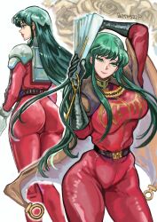  1girl absurdres ass belt bodysuit cima_garahau green_eyes green_hair gundam gundam_0083 highres long_hair mecha_pilot_suit multiple_views normal_suit_(gundam) okrdisk2000 red_bodysuit solo 