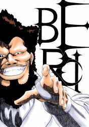  1boy absurdres alpen_no_koyari beard black_eyes black_hair bleach bleach:_sennen_kessen-hen character_name commentary driscoll_berci evil_grin evil_smile facial_hair fangs grin hand_up highres kubo_tite_(style) long_sleeves looking_at_viewer male_focus no_eyebrows nose official_style outline reaching reaching_towards_viewer short_hair simple_background smile solo upper_body white_background white_outline 