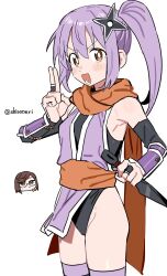  2girls :d black_leotard breasts brown_eyes brown_hair cowboy_shot glasses hair_ornament hairclip hand_up highres holding holding_kunai holding_weapon koga_konoha kuji-in kunai kusagakure_satoko leotard looking_at_viewer lower_teeth_only multiple_girls ninja_to_koroshiya_no_futarigurashi open_mouth orange_scarf purple_hair scarf shisoneri shuriken_hair_ornament smile solo_focus teeth thighhighs twitter_username weapon yellow_eyes 