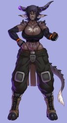 1girl abs absurdres bandaid bandaid_on_face bandaid_on_nose bare_shoulders belt black_gloves black_hair boots breasts broken_horn cargo_pants choker cleavage clenched_hands combat_boots commentary_request constricted_pupils crop_top dark-skinned_female dark_skin dragon_girl dragon_horns dragon_tail elbow_gloves eyebrows fangs female_focus fingerless_gloves full_body gloves hand_on_own_hip highleg highleg_panties highres horns huge_breasts hutago jewelry makeup mascara mole mole_under_eye monster_girl muscular muscular_female narrow_waist navel_piercing orange_eyes original panties pants pendant piercing pointy_ears scar short_hair solo tail tank_top tsurime unbuttoned underwear rating:Sensitive score:114 user:danbooru