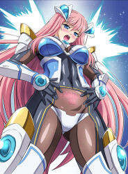  1girl armor asu_(hengaya) black_bodysuit black_gloves blue_eyes blush bodystocking bodysuit breasts covered_navel cowboy_shot divine_heart_makina energy_wings from_below gloves glowing gluteal_fold hair_ornament hands_on_own_hips headgear highres impossible_bodysuit impossible_clothes kurusu_makina large_breasts long_hair looking_at_viewer looking_down magical_girl mecha_musume open_mouth pink_hair pubic_tattoo shiny_clothes shoulder_armor skin_tight solo standing tattoo variant_set very_long_hair 