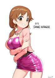 10s 1girl bad_id bad_pixiv_id breasts brown_eyes brown_hair character_name earrings female_focus highres idolmaster idolmaster_cinderella_girls jewelry katagiri_sanae large_breasts long_hair looking_at_viewer omaru_gyuunyuu simple_background smile solo twintails white_background rating:Sensitive score:35 user:danbooru