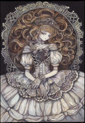  1girl acrylic_paint_(medium) brown_hair commentary commentary_request dress english_commentary expressionless gloves gothic_lolita grey_eyes hair_spread_out hairband half-closed_eyes highres lolita_fashion lolita_hairband long_hair looking_at_viewer mixed-language_commentary original painting_(medium) pale_skin ribs solo sumire_shisei traditional_media wavy_hair white_dress 