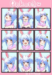  1girl :d animal_ear_fluff animal_ears bare_shoulders black_leotard braid breasts brown_eyes character_name commentary_request don-chan_(usada_pekora) dress heart highres hololive kiritoma leotard long_hair multiple_views open_mouth rabbit-shaped_pupils rabbit_ears short_eyebrows small_breasts smile strapless strapless_dress strapless_leotard symbol-shaped_pupils thick_eyebrows twin_braids twintails twitter_username usada_pekora usada_pekora_(1st_costume) virtual_youtuber white_dress 