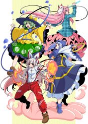  4girls black_hat blue_boots blue_dress blue_eyes blue_hair blue_hood blue_petals blue_shirt boots bow brown_boots brown_eyes buddhist_nun buttons closed_mouth collared_shirt commentary_request diamond_button dress eichi_yuu eyeball falling_petals fire floral_print fox_mask frilled_shirt_collar frilled_skirt frilled_sleeves frills fujiwara_no_mokou green_eyes green_hair green_skirt hair_bow hat hat_bow hata_no_kokoro holding holding_polearm holding_weapon hood hoop kesa komeiji_koishi kumoi_ichirin long_hair long_sleeves looking_at_viewer looking_back mask mask_on_head multiple_girls naginata ofuda ofuda_on_clothes open_mouth pants petals pink_hair pink_skirt plaid_clothes plaid_shirt polearm print_skirt pyrokinesis red_eyes red_pants rose_print shirt skirt skirt_cutout smile suspenders third_eye torn_clothes torn_sleeves touhou unzan very_long_hair weapon white_boots white_bow white_shirt wide_sleeves yellow_bow yellow_shirt 