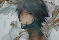  1boy biting_own_lip black_hair commentary commentary_request grey_background grin kingdom_hearts looking_at_viewer male_focus muted_color nonalternate short_hair smile smoke solo upper_body vanitas_(kingdom_hearts) yellow_eyes 