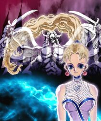  1girl :| abstract_background akai_takami aqua_eyes arms_at_sides backlighting bare_arms bare_shoulders blonde_hair blue_collar breasts character_request closed_mouth collar commentary curly_hair demon_horns dress dress_flower dual_wielding earrings english_commentary extra_arms facing_viewer flower forehead frilled_collar frills gainax gotzendiener holding horns jewelry kish_rim_misa large_breasts long_hair looking_at_viewer official_art rose third-party_source traditional_media very_long_hair white_dress white_flower white_rose 