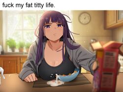  1girl alternate_costume blunt_bangs bowl breasts cereal cleavage closed_mouth collarbone commentary contemporary corn_flakes english_commentary failure fern_(sousou_no_frieren) highres holding inconvenient_breasts indoors khyle. kitchen large_breasts long_hair looking_at_viewer milk purple_eyes purple_hair shirt solo sousou_no_frieren 