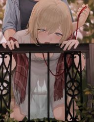 2boys anal androgynous animal_collar behind_another bent_over black_collar black_shirt blonde-haired_boy_(sunaba_(nczd5875)) blonde_hair blue_eyes blurry blurry_background blush clothed_sex collar collarbone crossdressing doggystyle dress eyes_visible_through_hair hair_between_eyes half-closed_eyes head_out_of_frame highres holding holding_leash implied_sex jacket kneeling leash long_hair male_focus male_penetrated medium_hair multiple_boys open_mouth original outdoors penis pet_play plant public_indecency railing red_scarf saliva scarf see-through_clothes see-through_dress sex sex_from_behind shirt short_hair solo_focus standing standing_sex sunaba_(nczd5875) tongue trap white_dress white_shirt yaoi rating:Explicit score:1002 user:danbooru