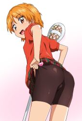  10s 1girl 2018 adjusting_clothes ass ass_focus eyelashes futari_wa_precure gradient_background lacrosse_stick leaning_forward looking_at_viewer looking_back matching_hair/eyes miniskirt misumi_nagisa open_mouth orange_eyes orange_hair pink_background precure red_shirt sakecho shirt short_hair shorts shorts_under_skirt simple_background skin_tight skirt solo standing thighs 