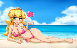  1girl :d barefoot beach bikini blonde_hair blue_eyes blue_sky breasts crown day feet gold_crown heart highres long_hair looking_at_viewer mario_(series) nintendo open_mouth princess princess_peach sand sigurd_hosenfeld sky smile solo swimsuit water 