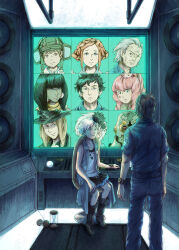  1boy 1girl alice_(kyokugen_dasshutsu) black_boots black_flower black_hair black_skirt blue_jacket blue_pants blue_shirt boots chair commentary dio_(kyokugen_dasshutsu) english_commentary flower from_behind hair_flower hair_ornament highres hourglass indoors jacket jewelry k_(kyokugen_dasshutsu) kyokugen_dasshutsu kyokugen_dasshutsu_adv:_zennin_shibou_desu luna_(kyokugen_dasshutsu) monitor necklace nib_pen_(medium) open_clothes open_jacket pants pen_(medium) phi_(kyokugen_dasshutsu) photoshop_(medium) quark_(kyokugen_dasshutsu) shirt short_hair short_sleeves sigma_(kyokugen_dasshutsu) sitting skirt sleeveless sleeveless_jacket sleeveless_shirt standing tenmyouji_(kyokugen_dasshutsu) traditional_media very_short_hair watch white_hair white_shirt wristwatch yotsuba_(kyokugen_dasshutsu) youyuening 