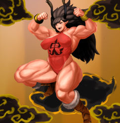 1girl artist_name black_hair female_focus horns long_hair monster_girl muscular oboro_muramasa oni pointy_ears rajaki_(oboro_muramasa) red_eyes rating:Sensitive score:35 user:R-998