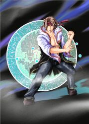  1boy black_background black_coat black_pants blue_eyes brown_hair clenched_hand closed_mouth coat commentary_request fighting_stance full_body gold_trim hood hooded_coat looking_at_viewer male_focus monk_(ragnarok_online) multicolored_coat pants pectoral_cleavage pectorals ragnarok_online red_coat shoes short_hair short_sleeves simpatiaein solo white_coat 