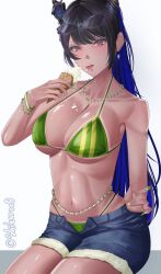  absurdres bikini brazilian_miku breasts colored_inner_hair demon_horns hatsune_miku highres holoadvent hololive hololive_english horns large_breasts long_hair mole mole_under_eye multicolored_hair nerissa_ravencroft shikuroo0 solo split-color_hair swimsuit tan tanline virtual_youtuber 