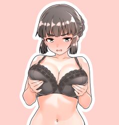  1girl absurdres black_bra black_hair blush bra breasts collarbone commentary_request furaggu_(frag_0416) grabbing_own_breast highres kantai_collection large_breasts looking_at_viewer meme myoukou_(kancolle) navel next_time_you&#039;re_getting_this_(meme) open_mouth pink_background short_hair simple_background solo stomach tongue underwear underwear_only upper_body 