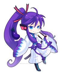  1boy black_boots blue_eyes blush boots chibi chibi_only closed_mouth commentary crodire eggplant folding_fan full_body hakama hakama_pants hand_fan headset high_ponytail holding holding_fan japanese_clothes kamui_gakupo long_hair looking_at_viewer male_focus pants ponytail purple_hair shirt sidelocks simple_background smile solo transparent_background very_long_hair vocaloid watermark web_address white_pants white_shirt wide_sleeves 