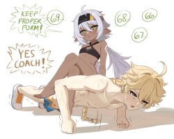  1boy 1girl aether_(genshin_impact) ahoge alternate_costume bare_shoulders barefoot black_headband blonde_hair blue_shorts blush braid braided_ponytail breasts commentary criss-cross_halter crop_top crossed_legs dark-skinned_female dark_skin english_commentary english_text exercising genshin_impact green_eyes hair_between_eyes halterneck headband highres human_chair human_furniture iansan_(genshin_impact) long_hair looking_at_viewer mockingeu multicolored_shorts open_mouth pointy_ears push-ups shadow shoes shorts sitting sitting_on_person small_breasts small_sweatdrop topless_male very_long_hair white_background white_hair white_shoes white_shorts yellow_sleeves  rating:Sensitive score:52 user:danbooru