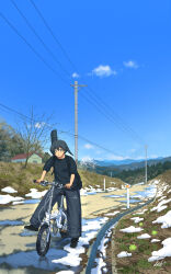  1girl :o backpack bag baggy_pants bare_tree bicycle black_bag black_shoes blue_eyes blue_sky building day grass highres mountainous_horizon natsuno_kanasemi original outdoors pants power_lines puddle riding riding_bicycle road scenery shoes sky sleeves_rolled_up sneakers snow solo spring_(season) tree twintails 
