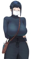  1girl absurdres arms_behind_back bag between_breasts black_hair blue_eyes breasts etsuzan_jakusui highres huge_breasts mask mouth_mask original short_hair solo strap_between_breasts transparent_background turtleneck watermark  rating:Sensitive score:20 user:danbooru