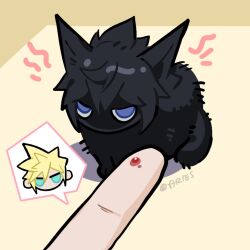  1boy angry animalization aqua_eyes aries20770321 artist_name baby_animal black_fur black_hair blonde_hair blood blue_eyes cat cloud_strife commentary english_commentary final_fantasy final_fantasy_vii final_fantasy_xv glaring highres in-franchise_crossover injury jitome kitten male_focus noctis_lucis_caelum photo-referenced pointing pov pov_hands short_hair spiked_hair yellow_background 