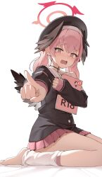1girl ansauce arched_soles barefoot beret black_hat black_shirt black_wings blue_archive blush body_markings book bra_strap buttons chinese_commentary clenched_hand commentary_request content_rating dot_nose embarrassed fang feathered_wings feet fingernails foreshortening full_body hair_between_eyes halo hat highres holding holding_book hugging_book hugging_object koharu_(blue_archive) leg_warmers loli long_sleeves looking_at_viewer low_twintails low_wings medium_hair miniskirt nose_blush open_mouth outstretched_arm partial_commentary pink_eyes pink_hair pink_skirt pleated_skirt pointing pointing_at_viewer pornography puffy_long_sleeves puffy_sleeves raised_inner_eyebrows red_halo sailor_collar school_uniform serafuku shadow shirt sidelighting simple_background single_bare_shoulder single_off_shoulder sitting skin_fang skirt sleeves_past_wrists solo toes twintails wariza white_background white_leg_warmers white_sailor_collar winged_halo winged_hat wings