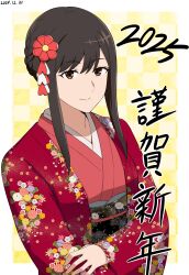  1girl 2025 breasts brown_eyes brown_hair commentary_request dated hair_ornament hall_onon happy_new_year japanese_clothes kimono long_sidelocks looking_at_viewer medium_breasts munehisa_maya_(hall_onon) new_year original sidelocks smile solo swept_bangs translation_request 