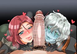  1boy 2girls anasteria armor ass bent_over black_sclera blue_eyes blue_lips blue_skin blush breath censored colored_sclera colored_skin eye_contact facejob gauntlets gloves green_eyes grey_hair grim_dawn heart kodainosinpi korinia lips looking_at_another looking_at_viewer mature_female multiple_girls naughty_face open_mouth parted_lips penis penis_between_cheeks penis_on_cheek penis_on_face penis_worship ponytail pov precum pubic_hair red_hair rubbing short_hair shoulder_pads steam teamwork_(sexual) thick_lips 