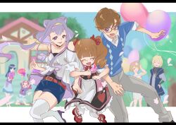  &gt;_&lt; 2boys 5girls ^_^ aisaki_emiru aisaki_masato apron argyle_clothes argyle_pantyhose argyle_sweater balloon bare_shoulders belt belt_buckle black-framed_eyewear black_choker black_dress black_shirt black_shoes blonde_hair blue_jacket blue_shirt blue_skirt blue_sweater blunt_bangs border bow brother_and_sister brown_belt brown_eyes brown_hair buckle choker closed_eyes clothing_cutout collarbone collared_shirt cone_hair_bun cross-laced_shoes denim denim_skirt double_bun dress eyelashes floating_clothes floating_hair flower frilled_apron frilled_dress frilled_skirt frilled_sleeves frills glasses gold_buckle grey_hair grey_pants hair_between_eyes hair_bow hair_bun hair_flower hair_ornament hair_tubes hairband hand_on_own_head hand_on_own_hip happy harryham_harry harryham_harry_(human) headband heart heart_print height_difference high_heels highres holding holding_sign holding_ticket hood hood_down hooded_jacket house hugtto!_precure jacket kagayaki_homare kneeling layered_shirt layered_sleeves letterboxed locked_arms long_hair long_sidelocks long_sleeves low_ponytail mary_janes medium_dress medium_hair miniskirt multiple_boys multiple_girls nono_hana open_clothes open_jacket open_mouth outside_border pants pantyhose parted_bangs petals pink_hair pink_headband pink_shoes ponytail precure purple_eyes purple_hair purple_shirt purple_shoes red_bow red_shoes ruru_amour shipu_(gassyumaron) shirt shirt_under_sweater shoes short_dress short_hair shoulder_cutout siblings sidelocks sign signature single_hair_tube skirt sleeve_cuffs sleeveless sleeveless_jacket smile sneakers surprised sweater t-shirt thighhighs three-quarter_sleeves ticket turtleneck turtleneck_shirt twintails very_long_hair waist_apron wavy_hair white_apron white_border white_flower white_pantyhose white_shirt white_thighhighs yakushiji_saaya yellow_hairband 