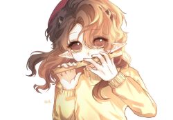  1girl beanie brown_eyes brown_hair cha0169469 child chinese_commentary commentary_request dragon_girl dragon_horns flute hat highres holding holding_flute holding_instrument horns instrument long_hair looking_at_viewer minecraft_youtube personification pointy_ears quackity_smp solo sweater tallulah_(old_design)_(quackity_smp) tallulah_(quackity_smp) variant_set white_background 