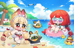  2girls :3 :d alice_thymefield animal_ears bangboo_(zenless_zone_zero) beach bird blonde_hair blue_sky blush breasts chibi chibi_only cleavage cloud commentary_request cup day drink drinking_glass drinking_straw gradient-tinted_eyewear hair_ribbon heart heart-shaped_eyewear heterochromia highres holding holding_cup hue_oo innertube korean_commentary long_hair low_twintails multiple_girls notice_lines ocean on_innertube open_mouth outdoors purple_eyes rabbit_ears red_eyes red_hair red_ribbon ribbon sandals seagull sitting sky smile standing sunglasses swim_ring swimsuit tinted_eyewear twintails ukinami_yuzuha white_sandals yellow_eyes zenless_zone_zero 