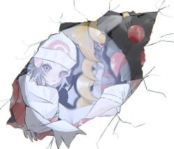  1girl beanie black_hair blue_eyes blue_hair breasts c0smi5 coat dawn_(pokemon) gen_4_pokemon giratina giratina_(altered) hair_ornament hairclip hat legendary_pokemon long_hair looking_at_viewer nintendo pokemon pokemon_(creature) pokemon_dppt pokemon_platinum red_coat scarf white_hat 
