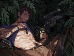  1boy abs arm_tattoo blue_eyes blue_shirt blush brown_hair brown_pants brown_pubic_hair bulge canteen clothes_lift dog_tags facial_hair far_cry far_cry_3 gun hiding highres holding holding_gun holding_weapon jason_brody jungle machete male_focus male_pubic_hair muscular muscular_male nature on_ground pants pubic_hair rifle scar scar_on_face shirt shirt_lift short_hair short_sleeves sniper_rifle sweat tattoo thetrashbinoverthere weapon weapon_request yaoi 