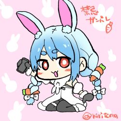  1girl :d animal_ear_fluff animal_ears bare_shoulders black_gloves black_pantyhose blush_stickers bow braid carrot_hair_ornament cellphone chibi commentary_request detached_sleeves don-chan_(usada_pekora) dress food-themed_hair_ornament full_body fur-trimmed_dress fur-trimmed_gloves fur_trim gloves hair_bow hair_ornament highres holding holding_phone hololive kiritoma looking_at_viewer open_mouth pantyhose phone pink_background puffy_short_sleeves puffy_sleeves rabbit_ears red_eyes shoes short_eyebrows short_sleeves smile solo strapless strapless_dress thick_eyebrows translation_request twin_braids twintails twitter_username usada_pekora usada_pekora_(1st_costume) virtual_youtuber white_bow white_dress white_shoes white_sleeves 