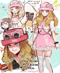  1girl 2boys alternate_costume angry bag black_hair blonde_hair blue_eyes blue_jacket blush breasts calem_(pokemon) closed_eyes closed_mouth dog dress english_text evil_grin evil_smile eyewear_on_headwear furfrou furfrou_(debutante) gen_6_pokemon glasses grin hat highres jacket kash-phia long_hair multiple_boys nintendo one_eye_closed open_mouth orange-tinted_eyewear orange_hair pink_dress pink_hat pokemon pokemon_(creature) pokemon_xy serena_(pokemon) shirt short_hair shoulder_bag sleeveless sleeveless_shirt smile speech_bubble sunglasses team_flare team_flare_grunt team_flare_uniform teeth thighhighs tinted_eyewear white-framed_eyewear white_jacket white_thighhighs 